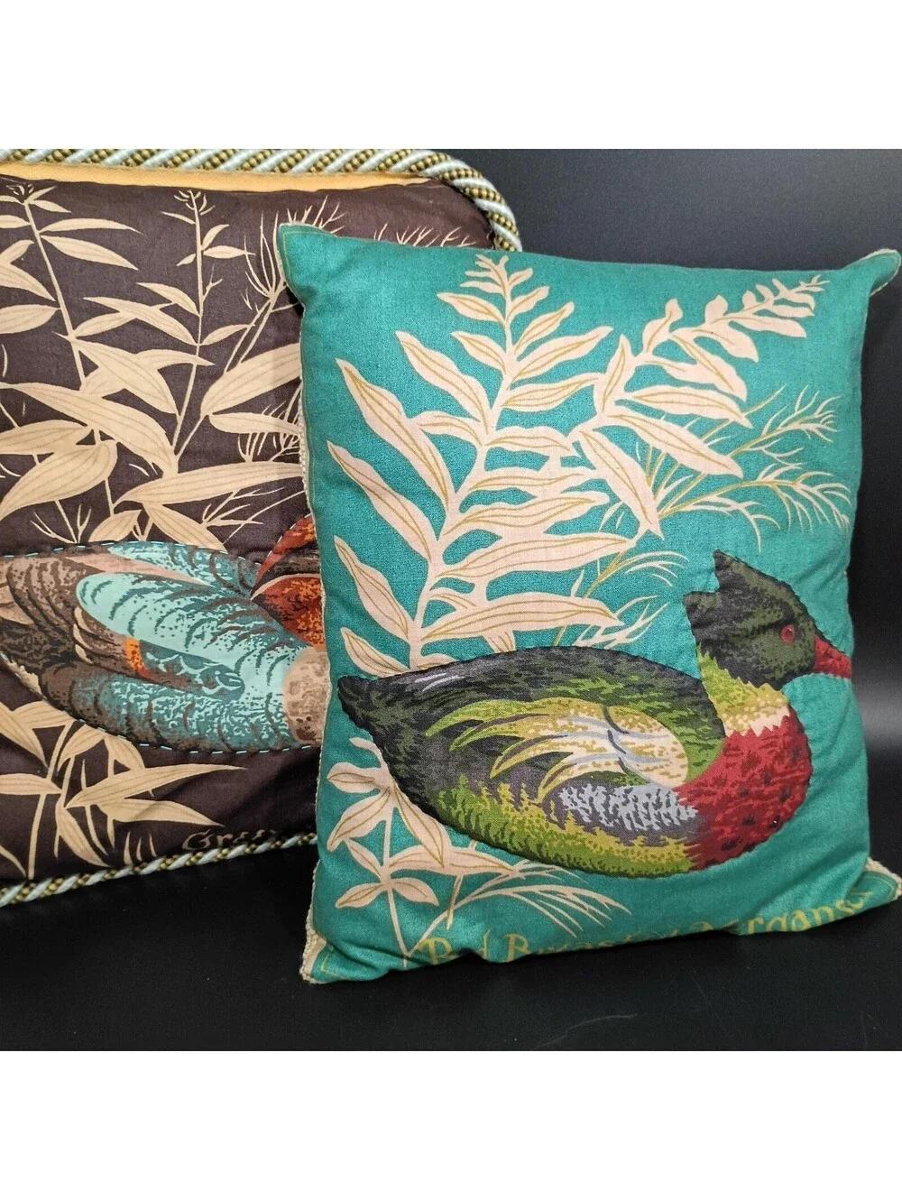 Vtg Ducks Tapestry Duck Pillows Set 2 Signed  Cabin Farmhouse Lodge
